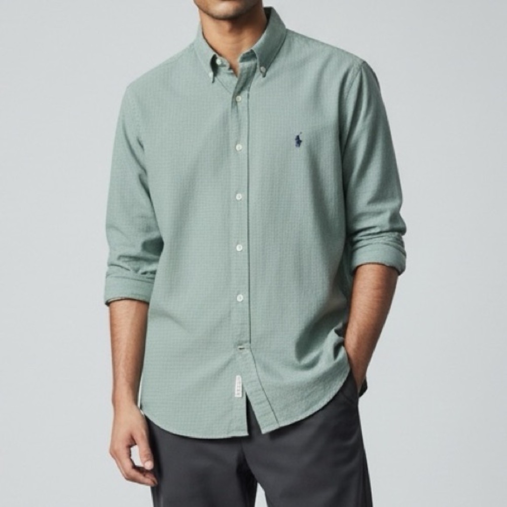 Ralph Lauren 100% Cotton Yarmouth Green and White Micro Gingham Button Down
